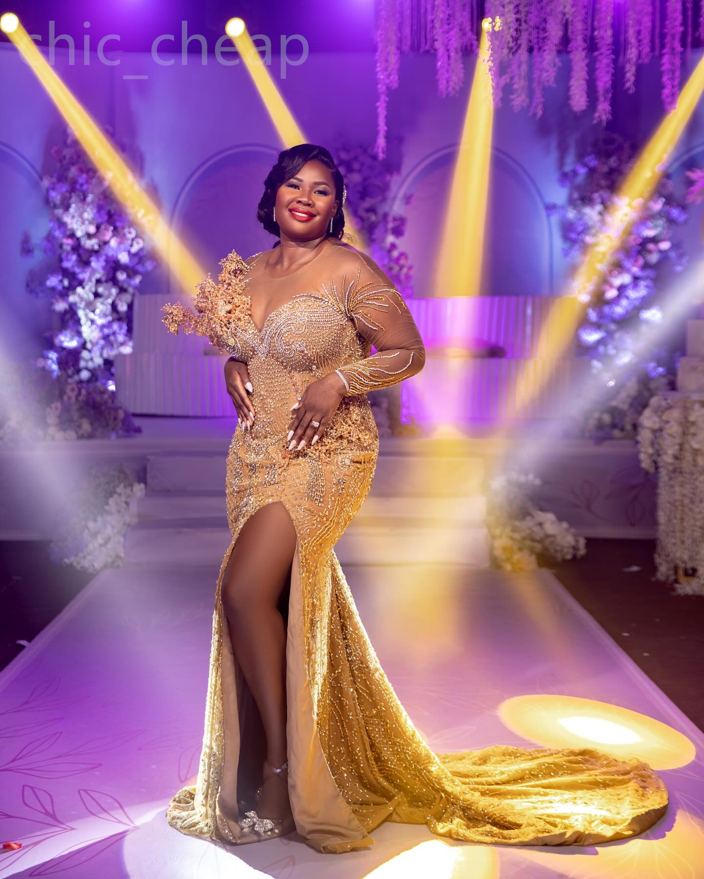 2024 Aso Ebi Gold Mermaid Robe De Bal Perles Cristaux Illusion Soirée Formelle Deuxième Réception 50e Anniversaire Robes De Fiançailles Robes Robe De Soirée ZJ130