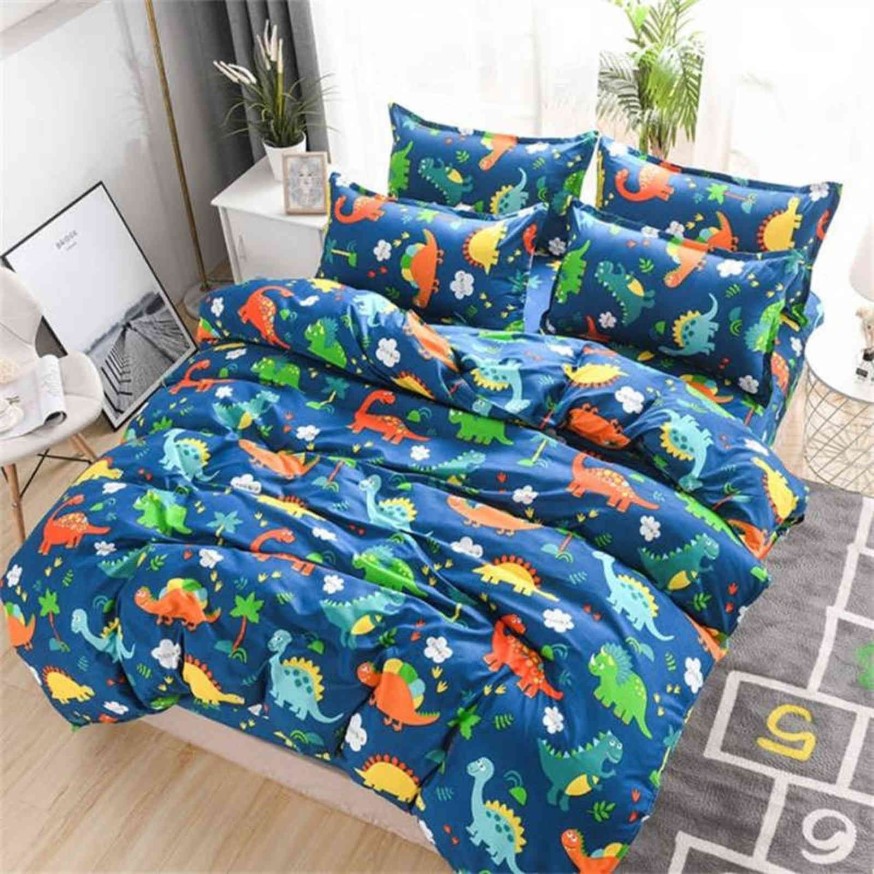 Cartoon Dinosaurus Kinderen Kinderen Beddengoed Set 4 Stuks Dekbedovertrek Set Meisje Jongen Leuke Kawaii Dekbedovertrek Laken Beddengoed kussensloop H272E