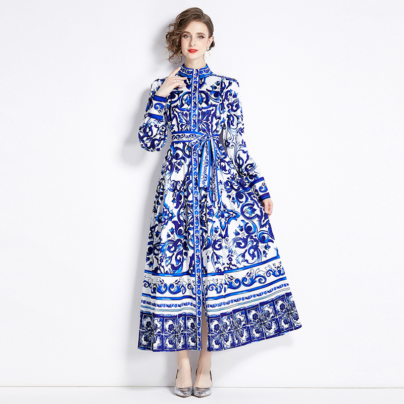 Basic Casual Dresses Spring Runway Blue And White Porcelain Dress Women's Stand Long Lantern Sleeve Flower Print Lace Up Beach Robe Vestidos 2024