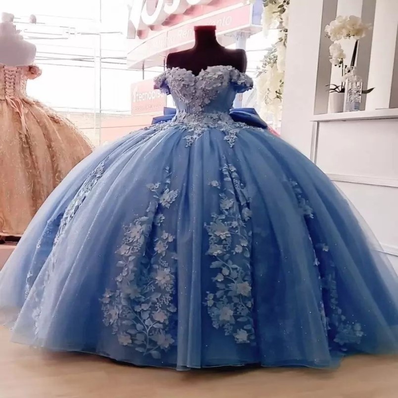 2022 Meksykańskie niebo niebieskie sukienki Quinceanera z 3D Floral Applique Vestidos XV A OS Sweet 16 Dress Bow Robe de Soiree2690