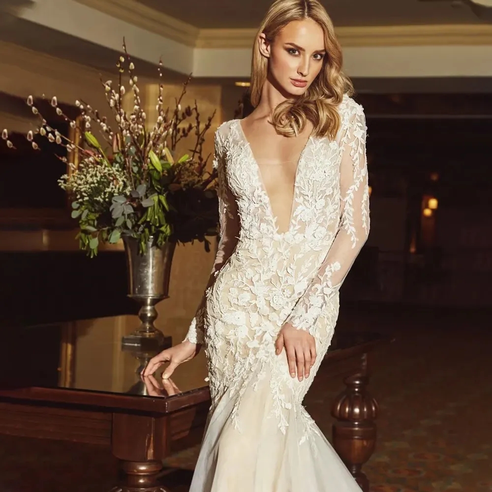 Superbe robe de mariée sirène de luxe avec train détachable, col en V, manches longues, appliques en dentelle, dos nu, robes de mariée boho de plage, YD, 2024