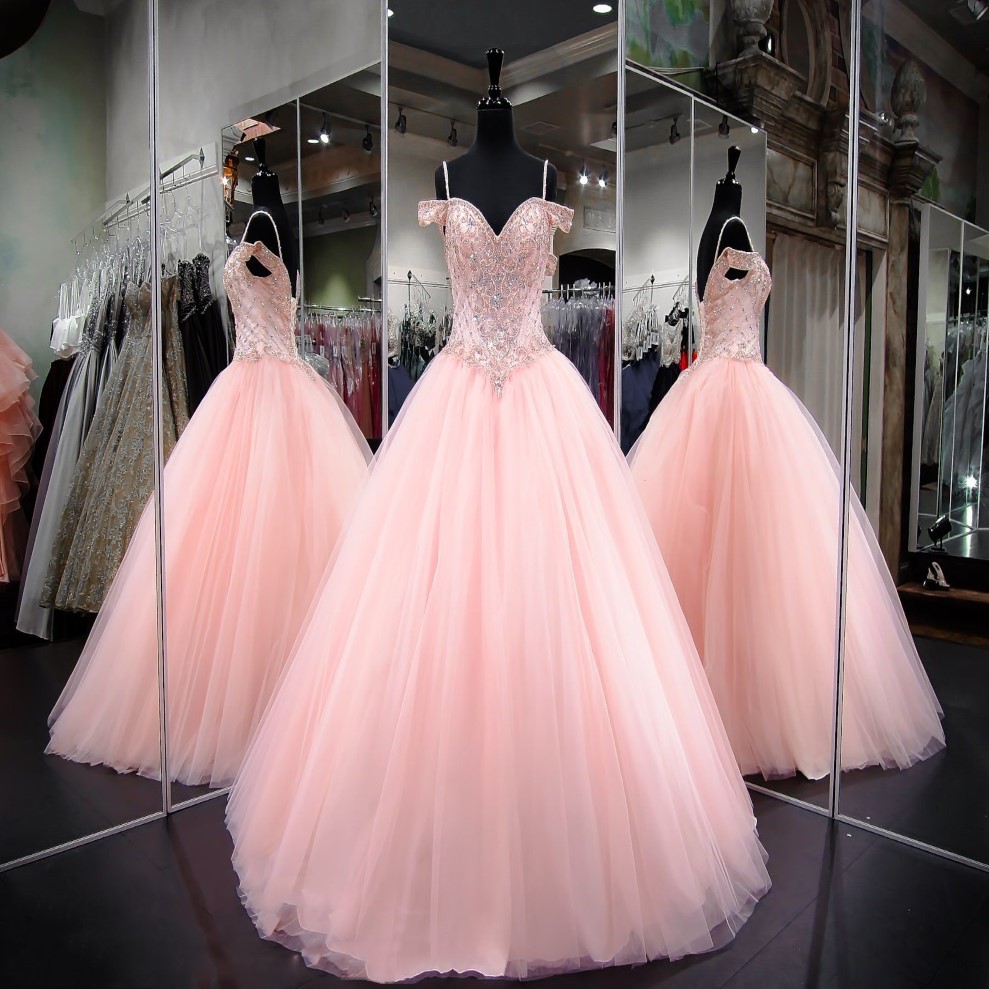 Sweety Pink Spaghetti Straps Tulle Quinceanera Dresses Beaded Rhinestones Top Ball Gowns Prom Party Princess Dresses287G