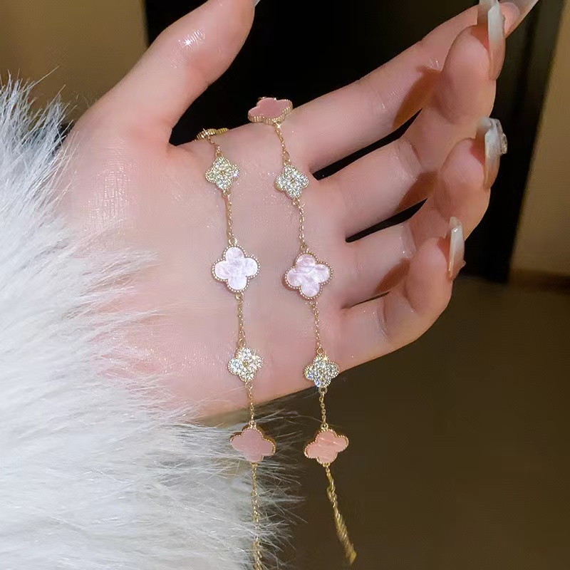 Van Pulsera de trébol de cuatro hojas Van Clover Rosa Blanco Madre Hierba de cuatro hojas Pulsera de plata esterlina Para mujer Exquisita flor de alto grado Ropa de mano Adornos en capas Fa