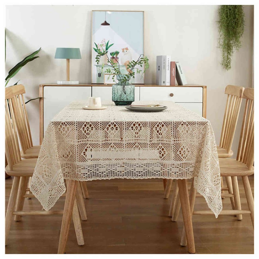 Virka ihålig bordduk hem dekorativ rektangel tyg spets beige sovrum soffbord för vardagsrum täcker tyg matta 211103208r