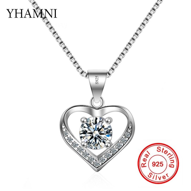 Yhamni Original 100% 925 Sterling Silver Jewelry 6mm Cz Diamant Heart Pendant Halsband för alla hjärtans dag gåva av kärlek XDZ24240G