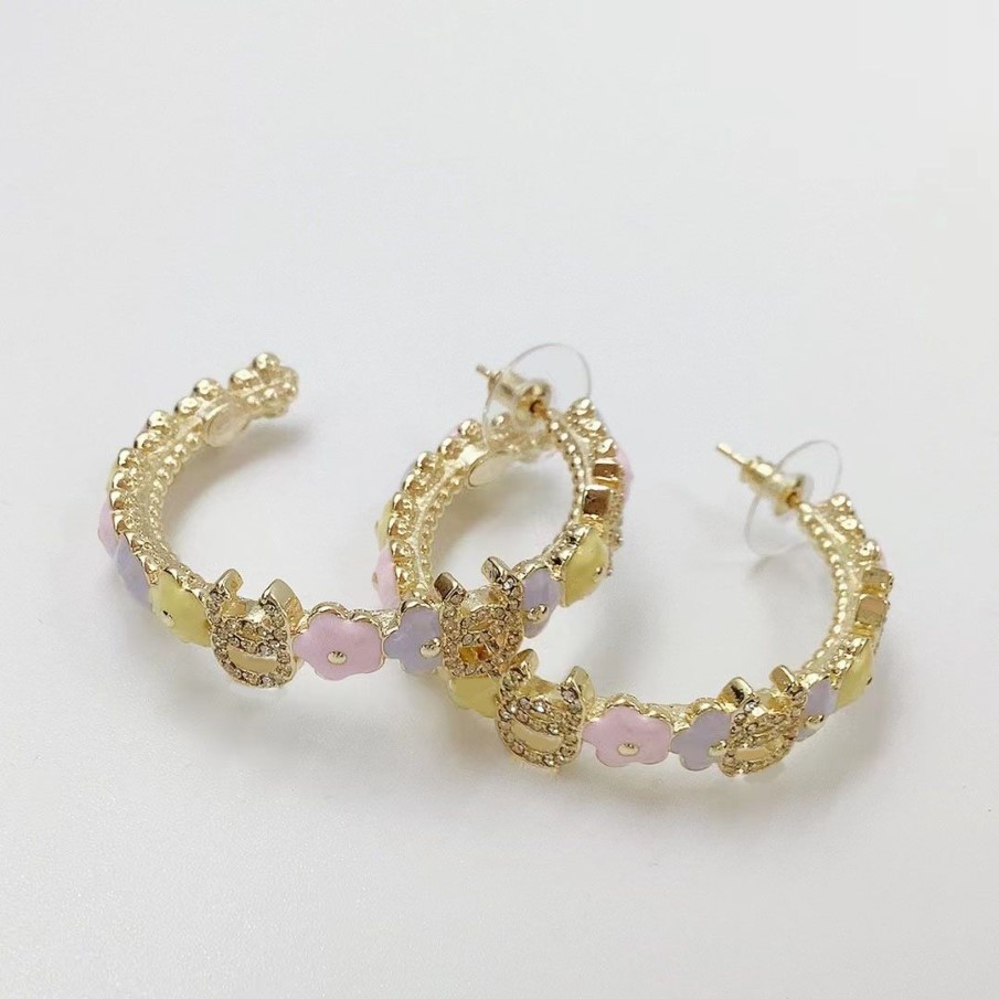 18k gold plated rhinestone hoop earrings Alluring purple light pink flower form Fashion brand designer earrings for women weddi266r