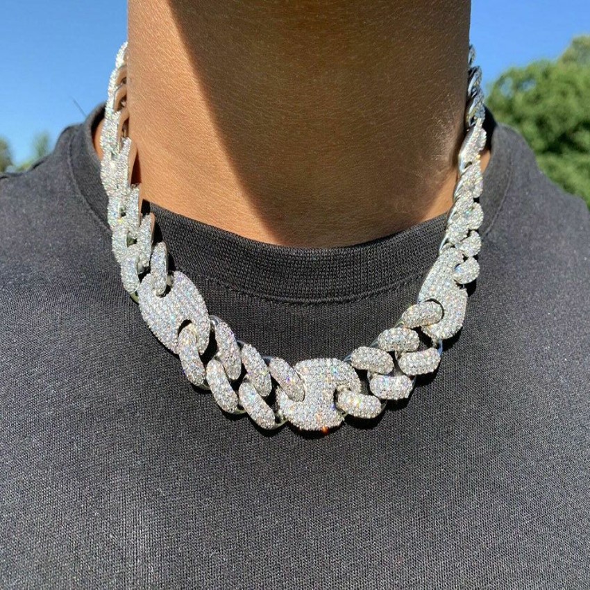 Collier de chaîne de diamant à maillons ovales cubains glacés de 20 mm, bijoux en zircone cubique plaqué or blanc 14 carats, chaîne cubaine Mariner de 16 à 24 pouces341S