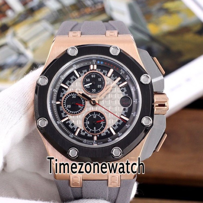 New Royal 26568PM Two Tone PVD Rose Gold Black Inner Gray Texture Dial VK Quartz Chronograph Mens Watch Gray Rubber Timezonewatch 198Z