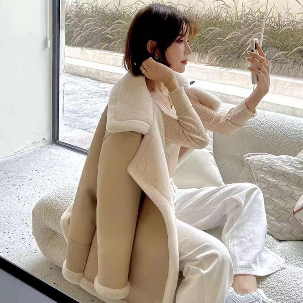 Manteau mi-long en cuir et laine pour femme, manteau coupé en fourrure d'agneau, d'herbe et de mouton, pour moto, 2023, 430826