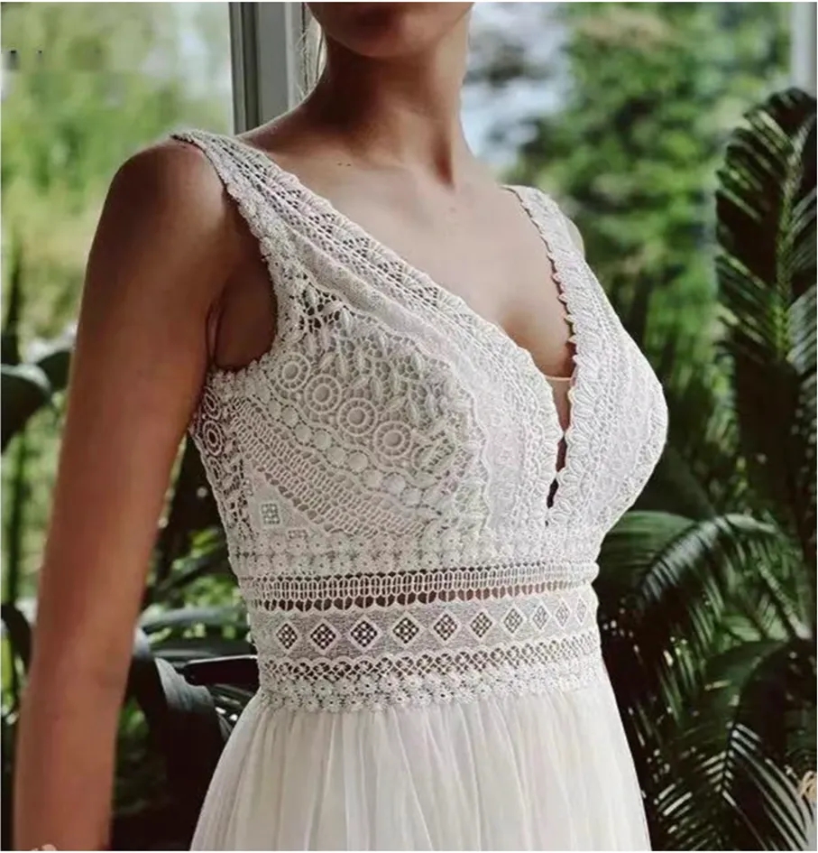 Vestido de Novia Boho Wedding Dresses 2024 V Neck Beach Lace Bridal Wedding Gowns Elegant Bohemian Tulle A Line Bridal Dress YD