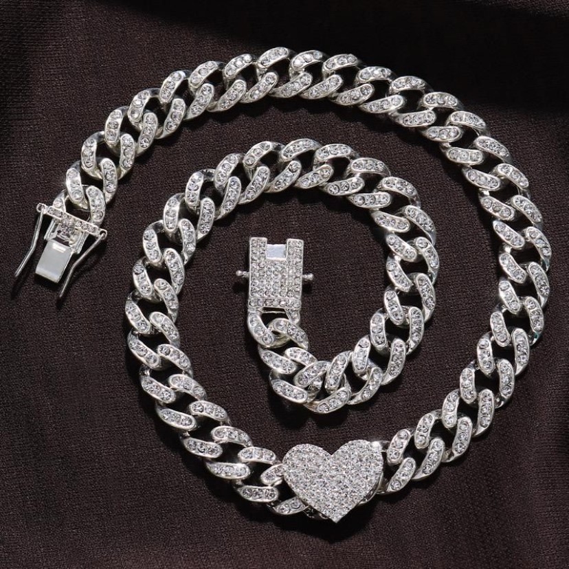 Correntes Set Rapper Cheio Pesado Coração-em forma de Link Cubano Pulseira Gelada Mulheres para Homens Necklcae Cadeia Prong Pave Luxo Hiphop Jewel276V