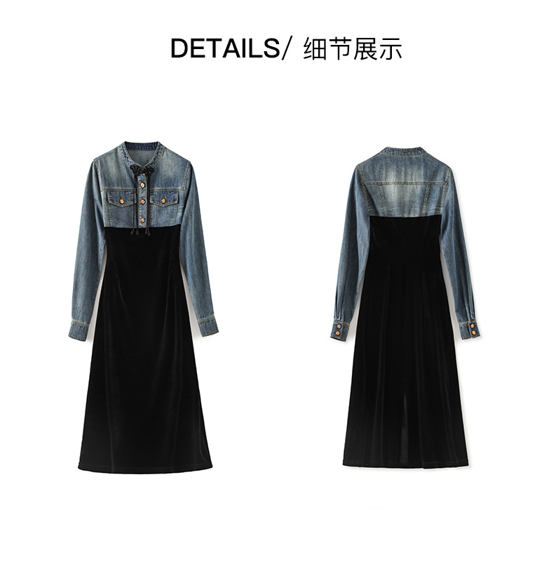 2024 Spring Black Contrast Color Panelled Dress Long Sleeve Stand Collar Double Pockets Midi Casual Dresses W4M051702