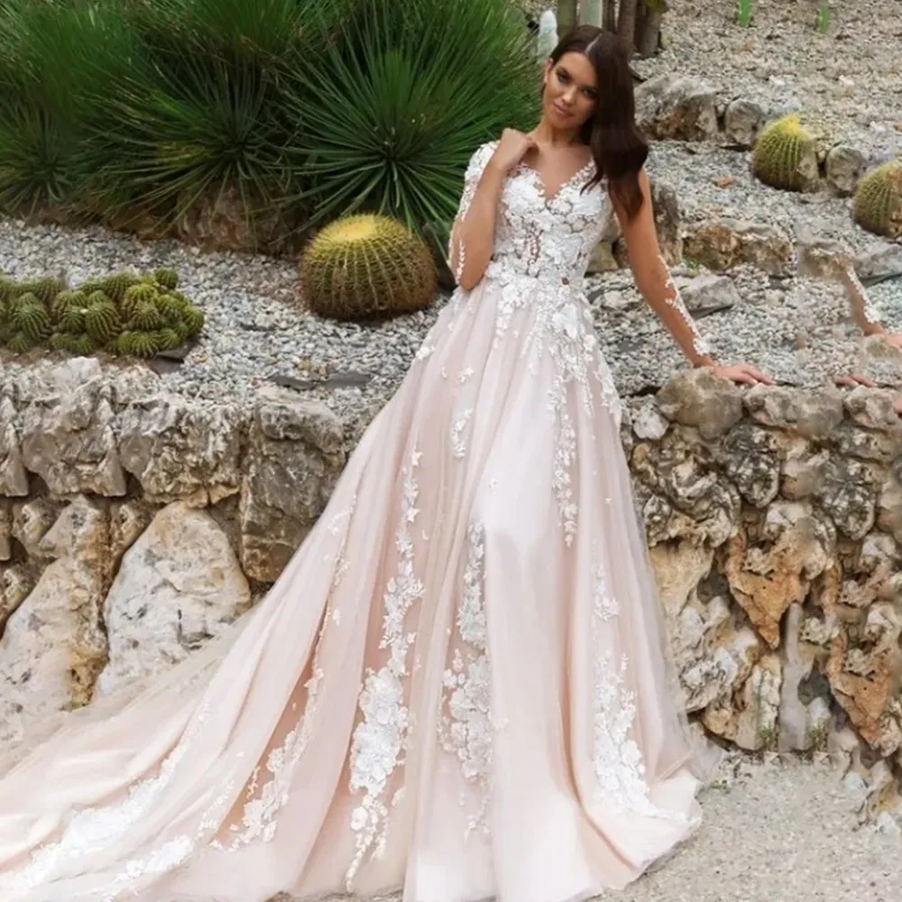 Stunningbride 2024 modest 3d appliqued wedding dresses with long sleeves a line v neck chapel train tulle plus size backless beach bridal gowns YD