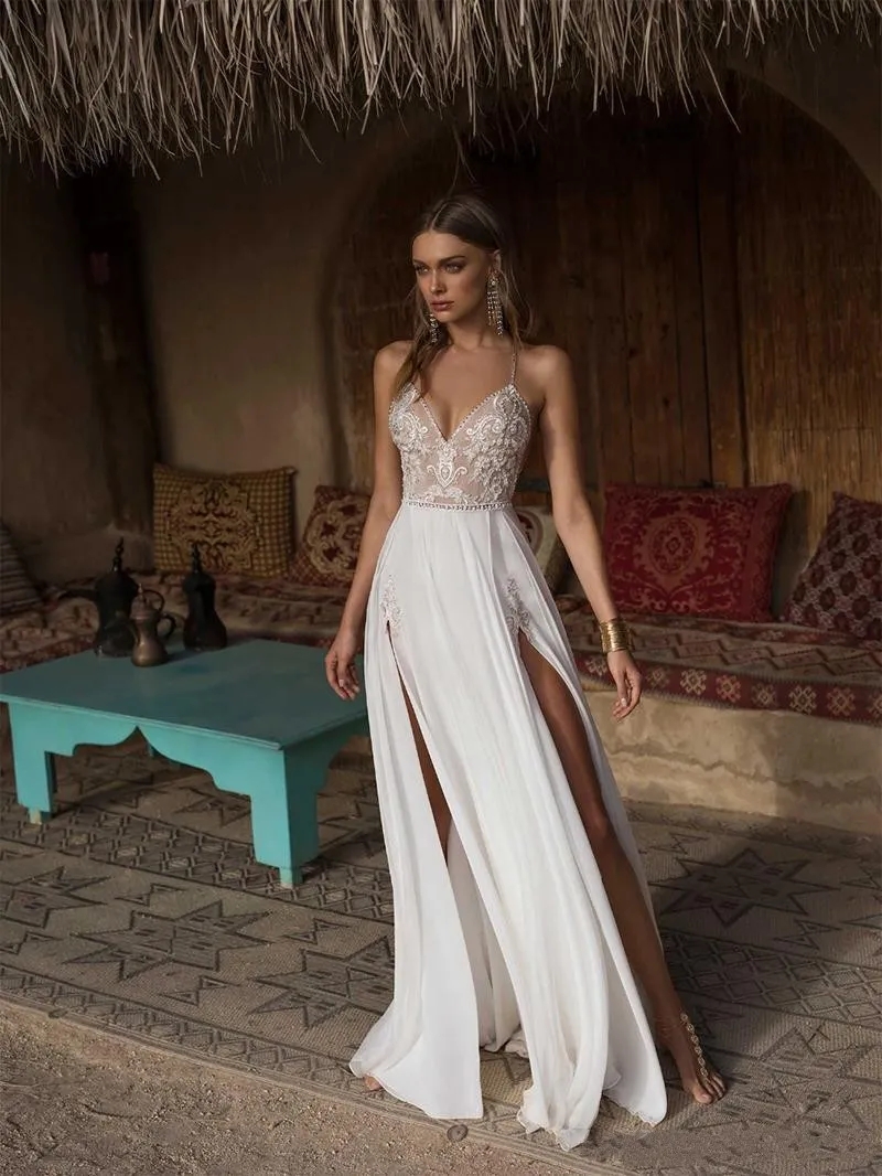 Sexig berta a-line High Side Split Wedding Dress V Neck spetsar applikationer pärlor vestios de novia rygglösa brudklänningar klänningar anpassade yd