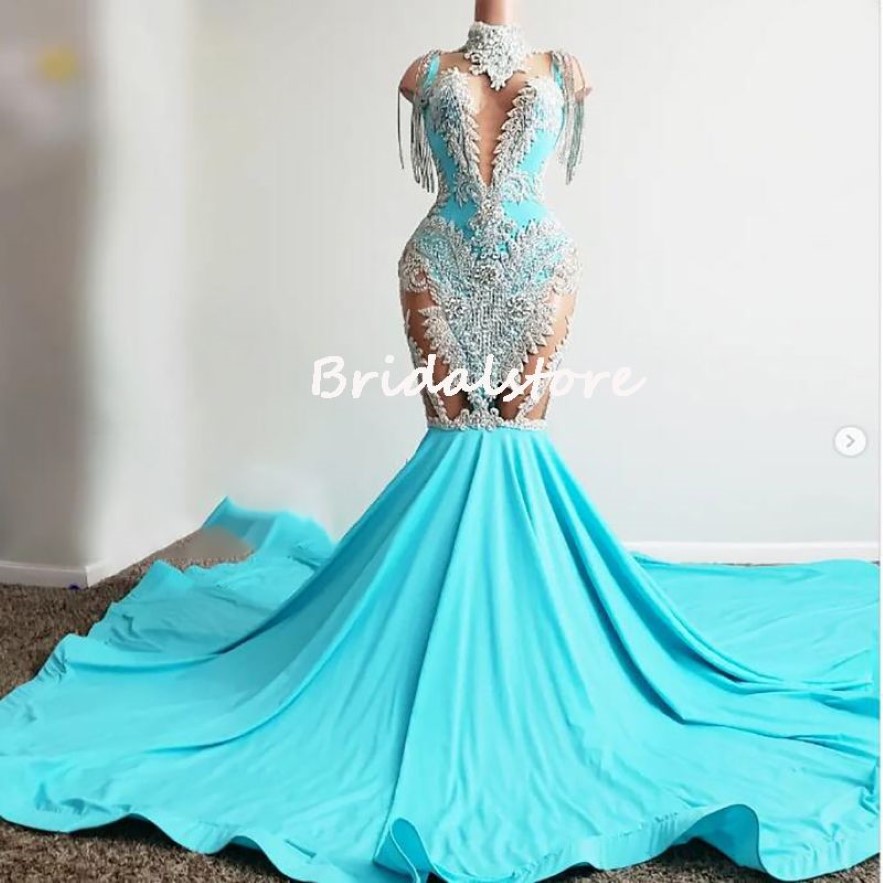 Aso ebi African Mermaid Prom Dresses2022 Blue Appliques Plus Size Black GirlsイブニングドレスTassel Long Formal Party Gown Women v333u