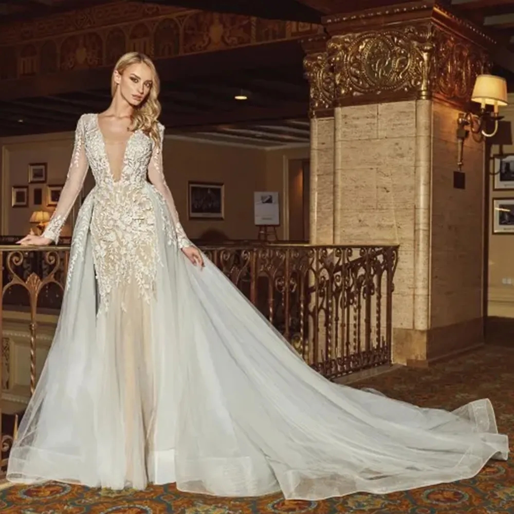 Superbe robe de mariée sirène de luxe avec train détachable, col en V, manches longues, appliques en dentelle, dos nu, robes de mariée boho de plage, YD, 2024