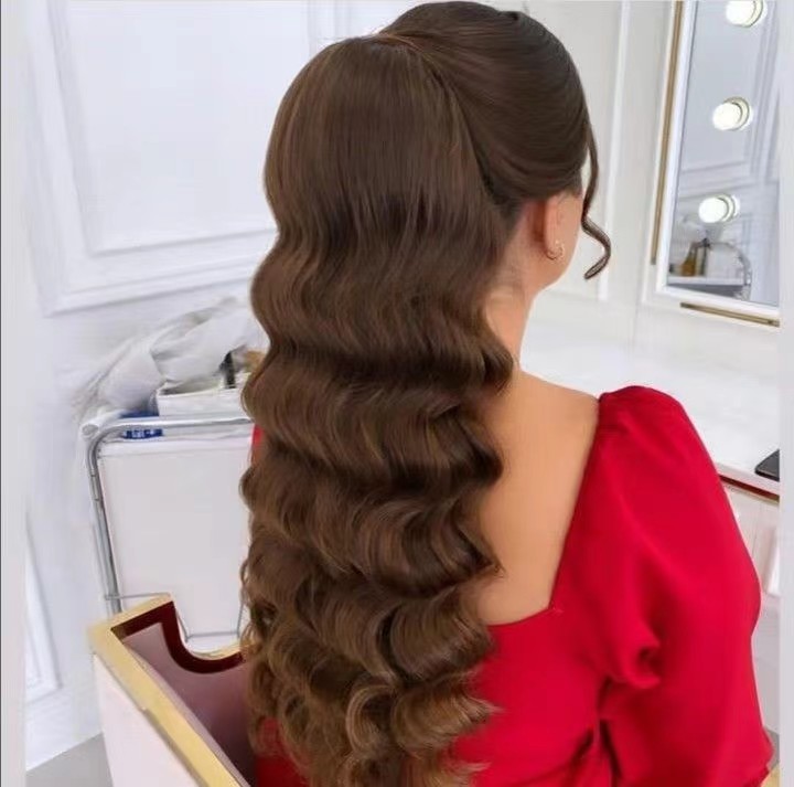 Długi kucyk ponytail kucyk ponytails fryzura falista do włosów szuflada ludzkie włosy kucyk ogon pony puff przedłużenie splot fryzury balowa 160G
