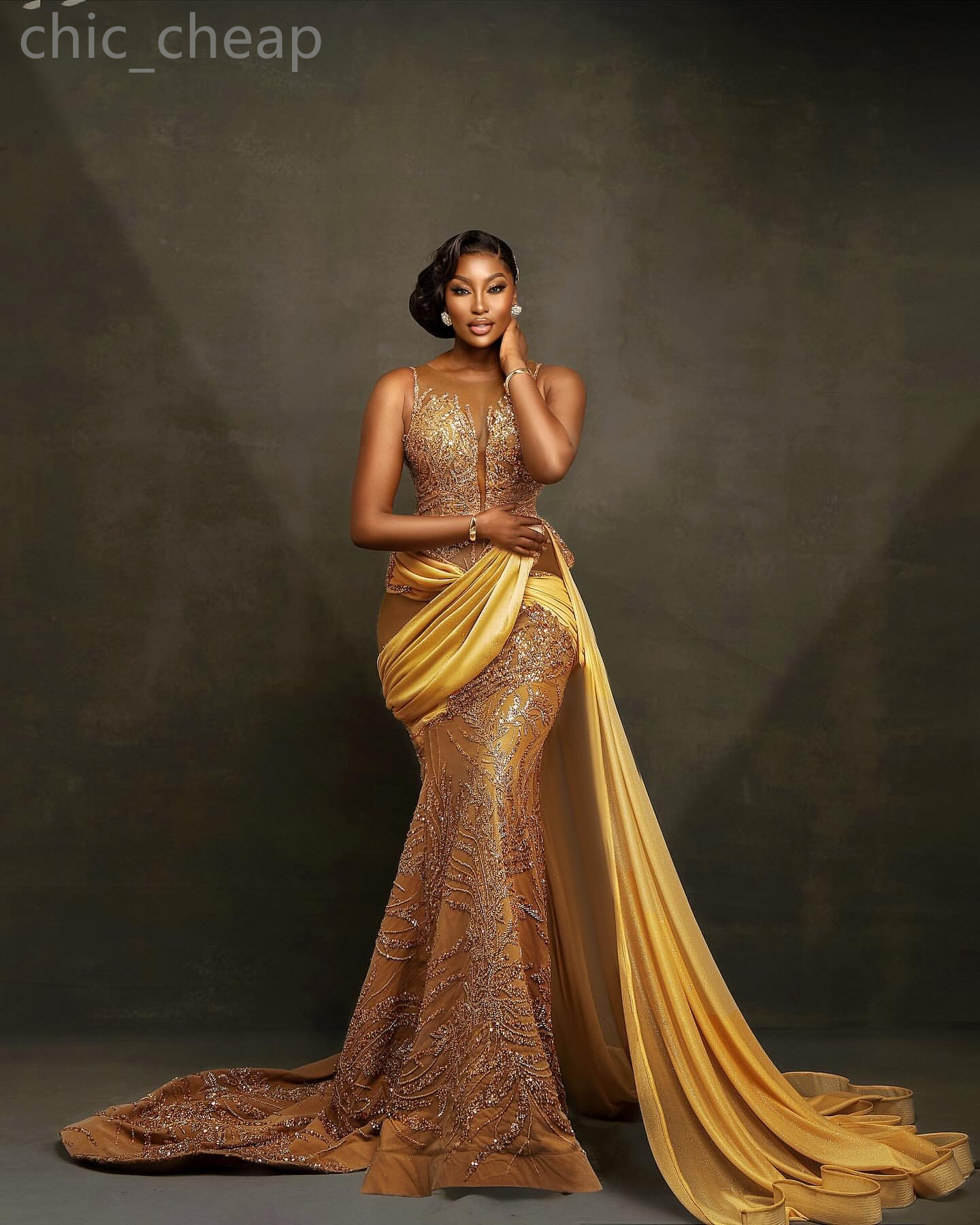 2024 Aso Ebi Illusion Gold Mermaid Prom jurk lovertjes kant satijn avond formeel feest tweede receptie 50e verjaardag verlovingsjurken jurken jurken robe de soiree zj124