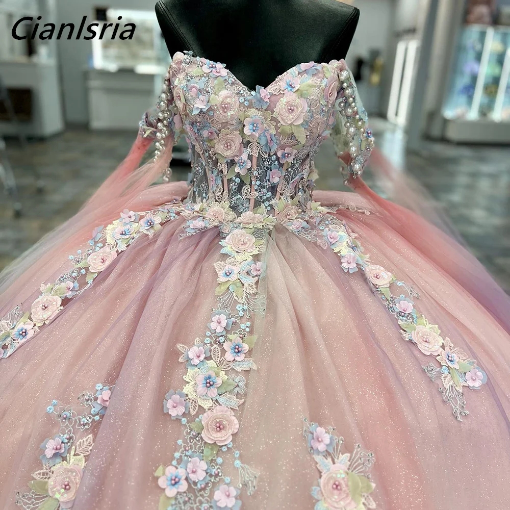 Różowy 3D kwiatowe koronkowe perełki kulkowe suknia balowa quinceanera ubiera się od ramion iluzji