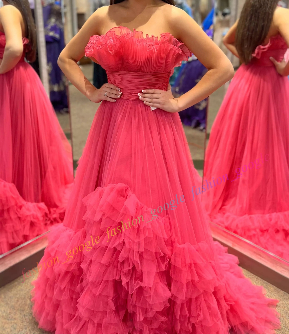 Crumb Catcher Prom Dress Candy Color Tier Ruffle Tulle A-Line Lady Pageant Prom Spring Evening Event Hoco Gala Cocktail Red Carpet Gown Photoshoot Fuchsia Purple Aqua