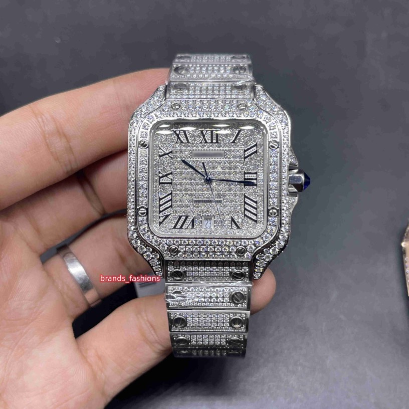 Montre automatique pour hommes, diamants glacés, argent, boîte en acier inoxydable, plein de diamants, bonne brillance, 325O