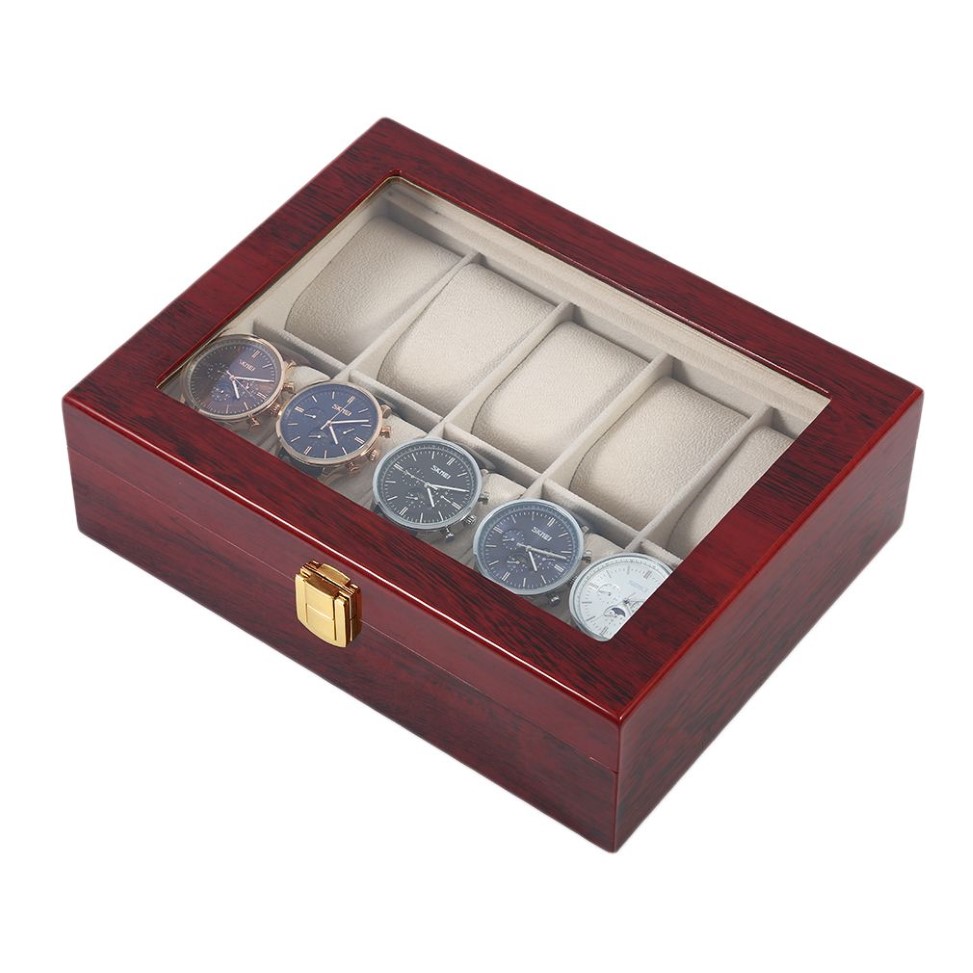10グリッドレトロな赤い木製の時計ディスプレイケース耐久性のあるパッケージホルダージュエリーコレクションストレージウォッチオーガナイザーボックスCX2008226V