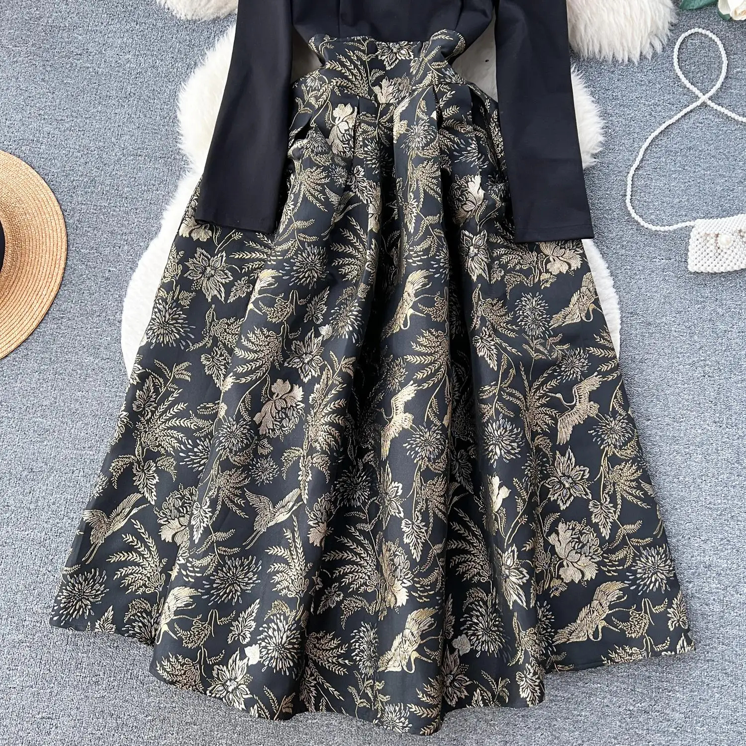 الفساتين غير الرسمية للنساء الخريف الشتاء الأنيق فيلفيت فستان عالي الجودة الطويل جاكار كوكتيل حفلة عتيقة مصمم A-line Vestidos 2024
