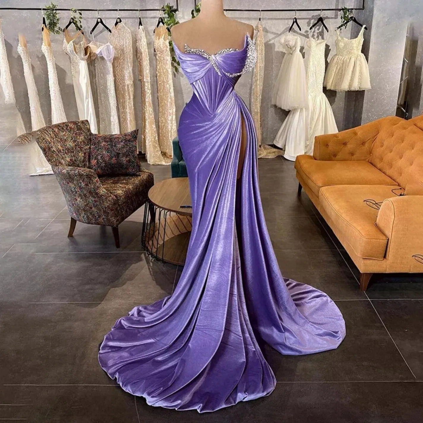 Lavender Elegant Velvet Prom Dresses Dubai Arabic Mermaid Women Special Occaion Party Gowns Pleated Sparkly Crystals High Split Sexy Formal Evening Gowns CL2768