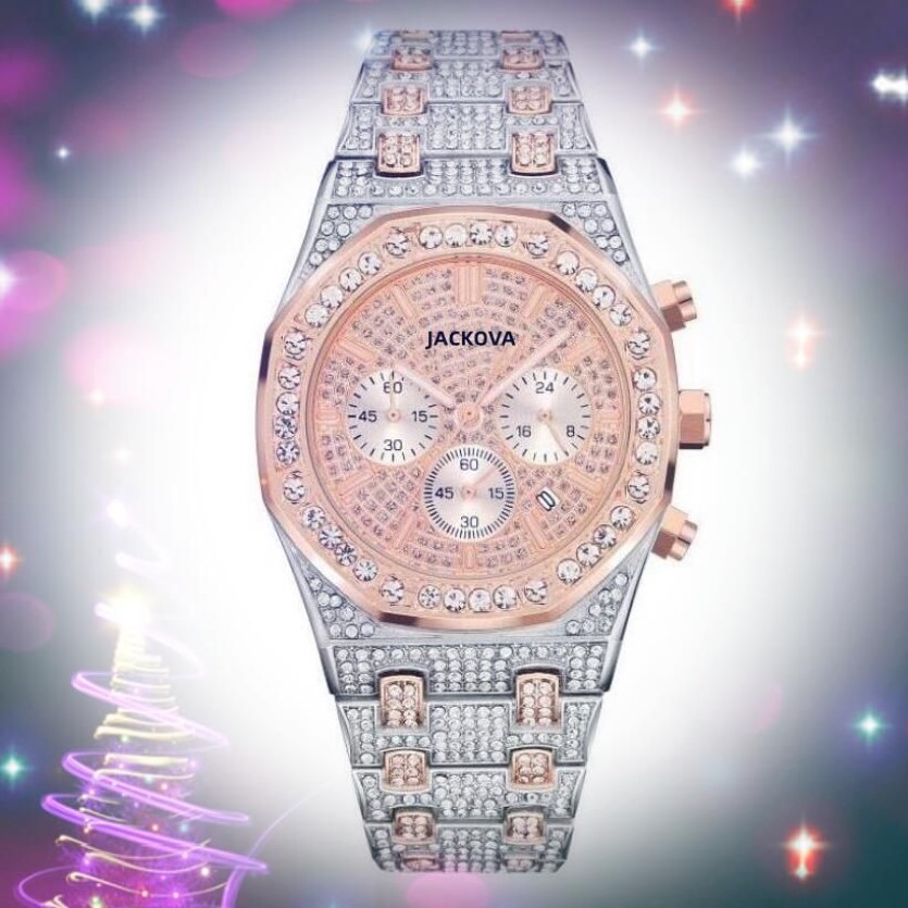 Test Fashion Mens Watch Stopwatch 43mm Big Diamonds Ring Bezel Sapphire Cystal Full funktionell rostfritt stål Bältesvattentät 256F