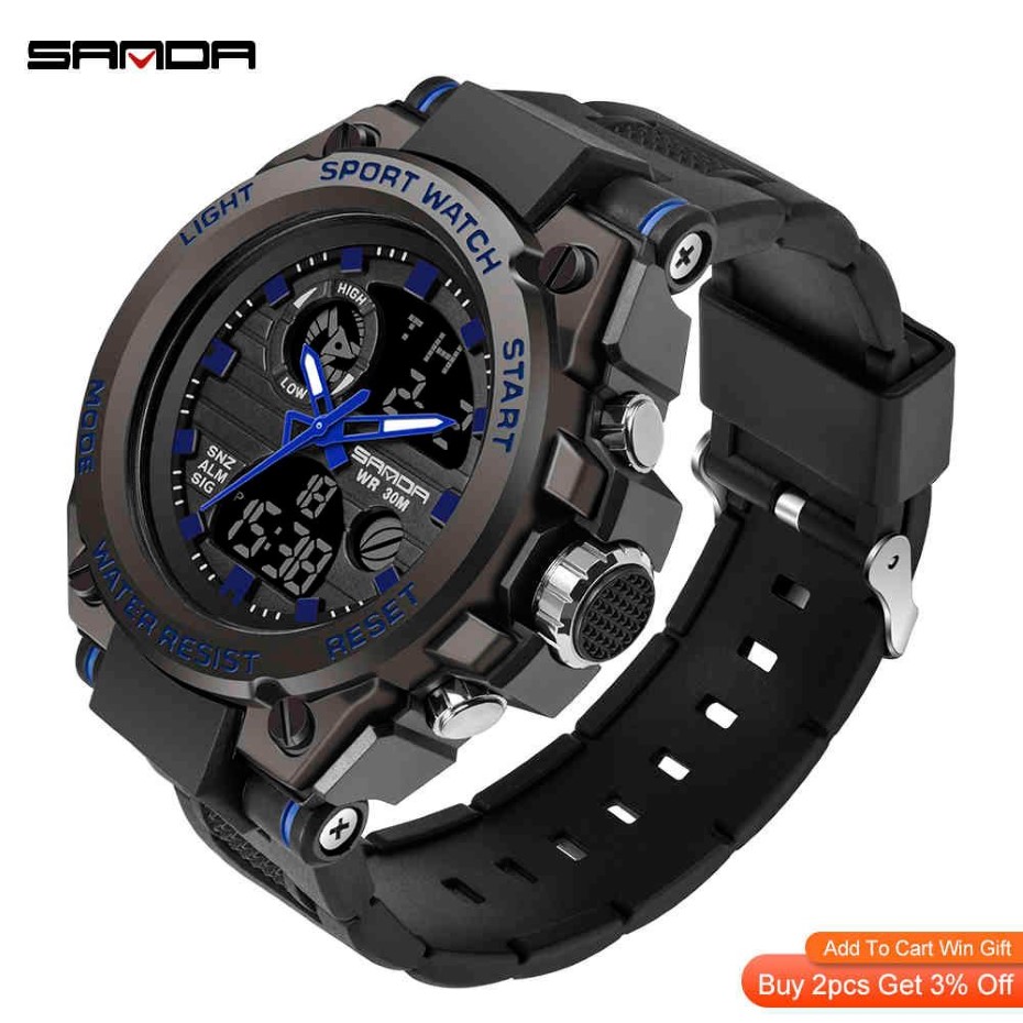 Sanda herrklockor Black Sports Watch LED Digital 3atm vattentäta militära klockor s chock manlig klocka relogios masculino 210275k