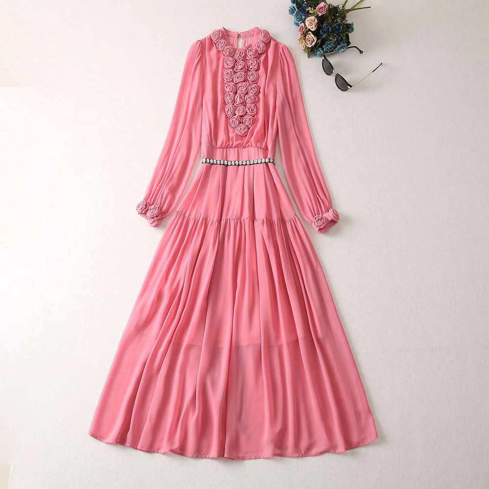 2024 Summer Chiffon Bow Beding Women's Dress Crew-Neck Zipper Long-Sleeve Woman's Casual Long Dresses AS074