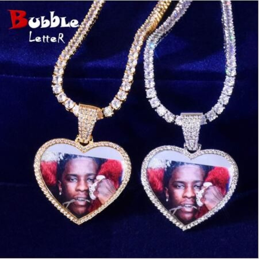 Collier avec médaillons en forme de cœur Po sur mesure, pendentif, chaîne de Tennis, Zircon cubique glacé, bijoux Hip Hop pour hommes, dos solide, New228w