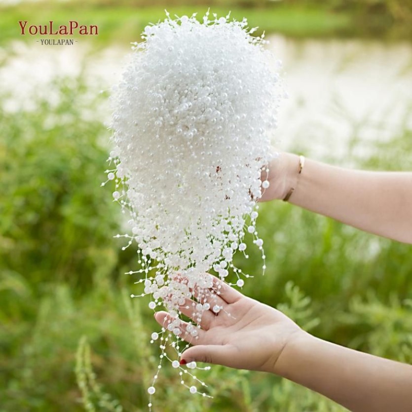 Flores de casamento youlapan f24 pérolas completas buquê branco marfim artesanal waterfull noiva acessórios de noiva de luxo jóias254t