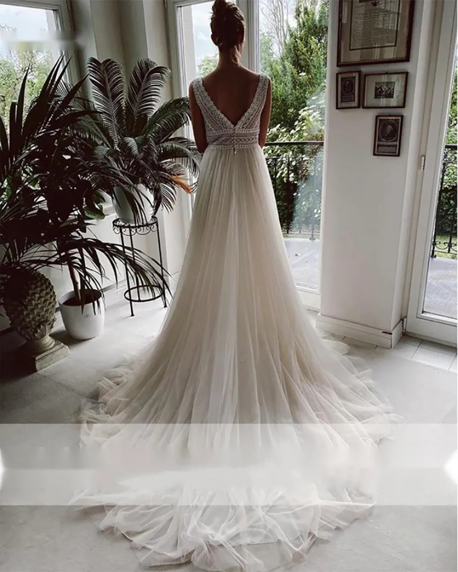 Vestido de Novia Boho Wedding Dresses 2024 V Neck Beach Lace Bridal Wedding Gowns Elegant Bohemian Tulle A Line Bridal Dress YD