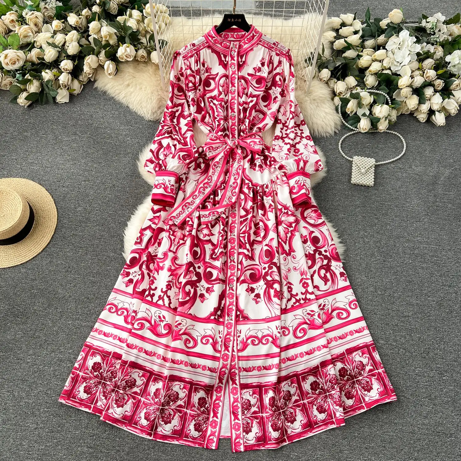 Basic Casual Dresses Spring Runway Blue And White Porcelain Dress Women's Stand Long Lantern Sleeve Flower Print Lace Up Beach Robe Vestidos 2024