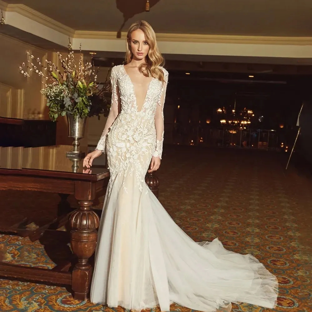 Superbe robe de mariée sirène de luxe avec train détachable, col en V, manches longues, appliques en dentelle, dos nu, robes de mariée boho de plage, YD, 2024