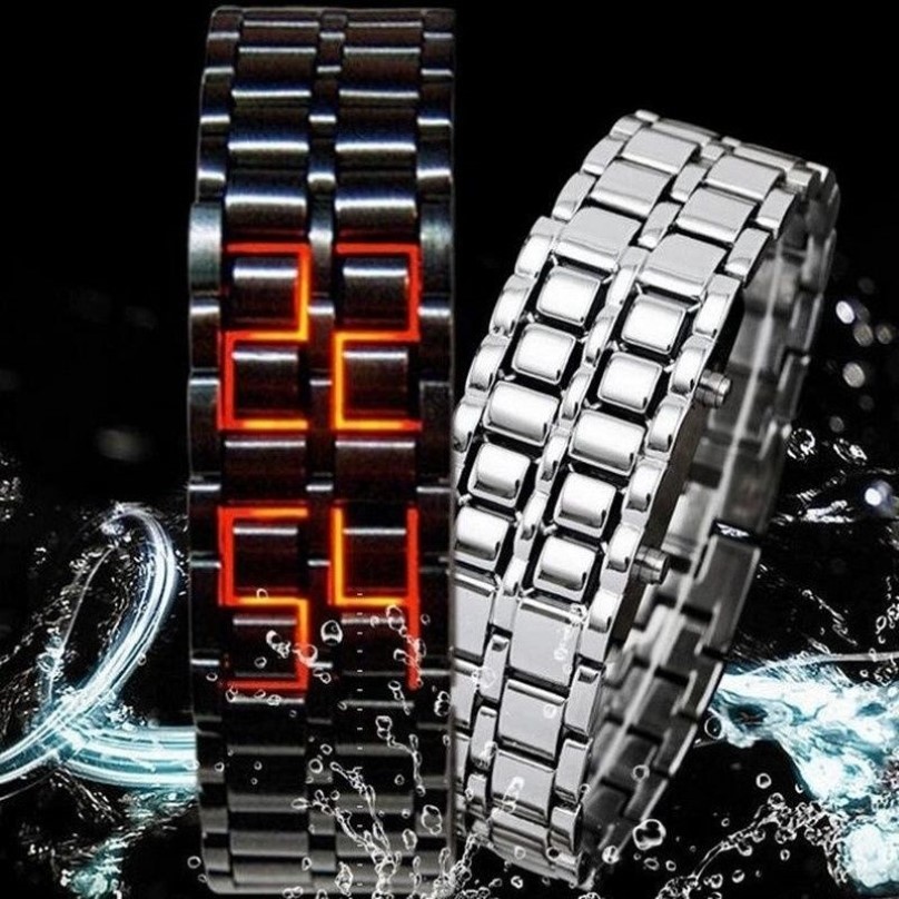 Fashion Men Watch Mens Watches Full Metal Digital Wrist Watch Red LED Samurai for Men Boy Sport Simple Watches relogio masculino1284G