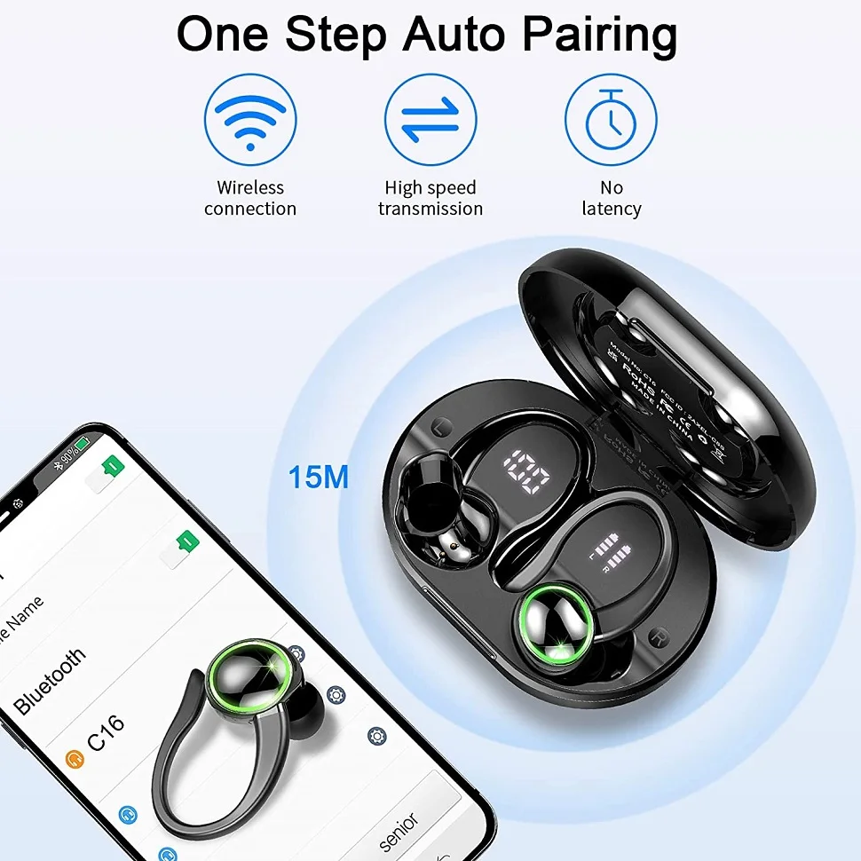 TWS Bluetooth 5.3 Earhook Earhook Spor Kulaklıkları LED kulaklık kablosuz kulaklıklar gürültü azaltma mikrofonu 48h hifi müzik zamanı