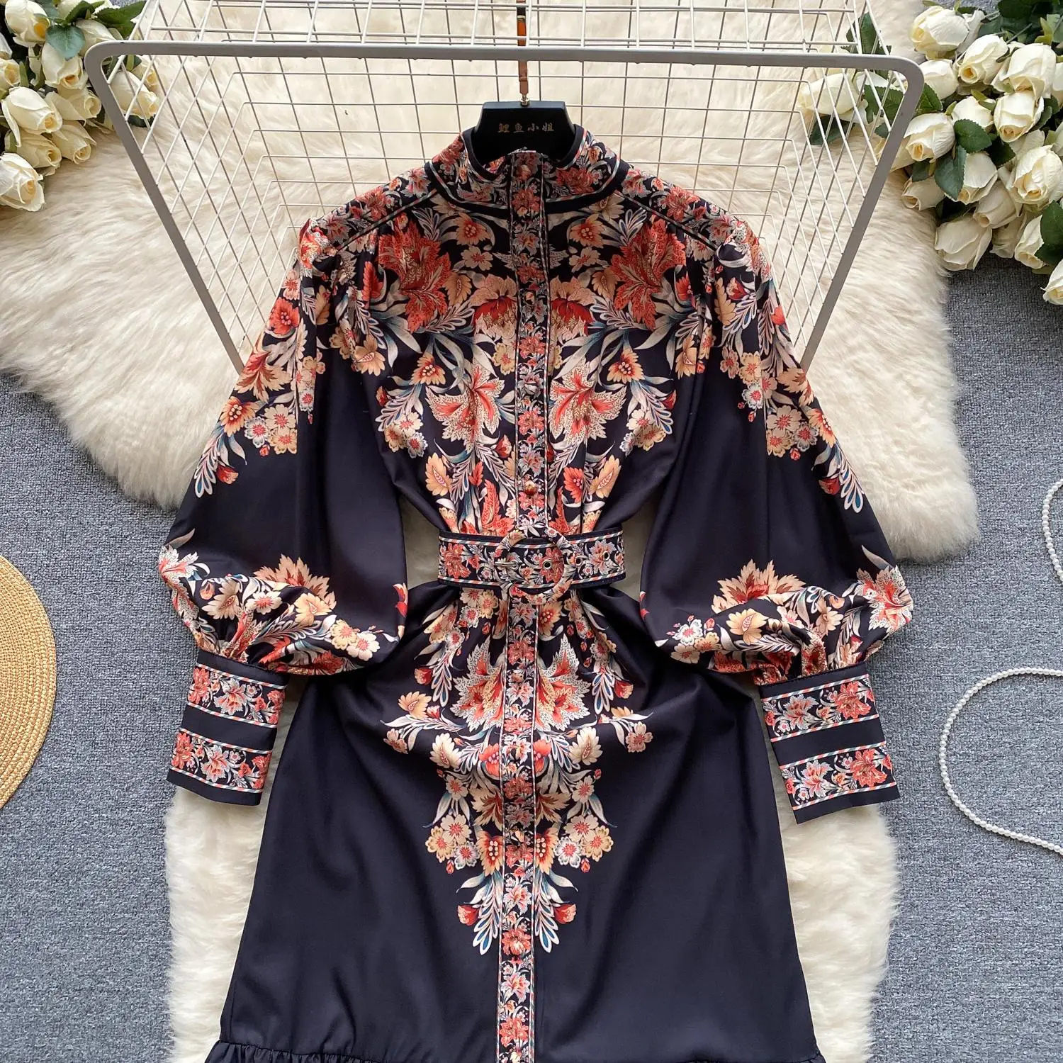 Casual Dresses Fashion Runway Flower Print Maxi Dress Women Clothing Lantern Sleeve Single Breasted Belt Long Robes Vintage Vestidos 2024