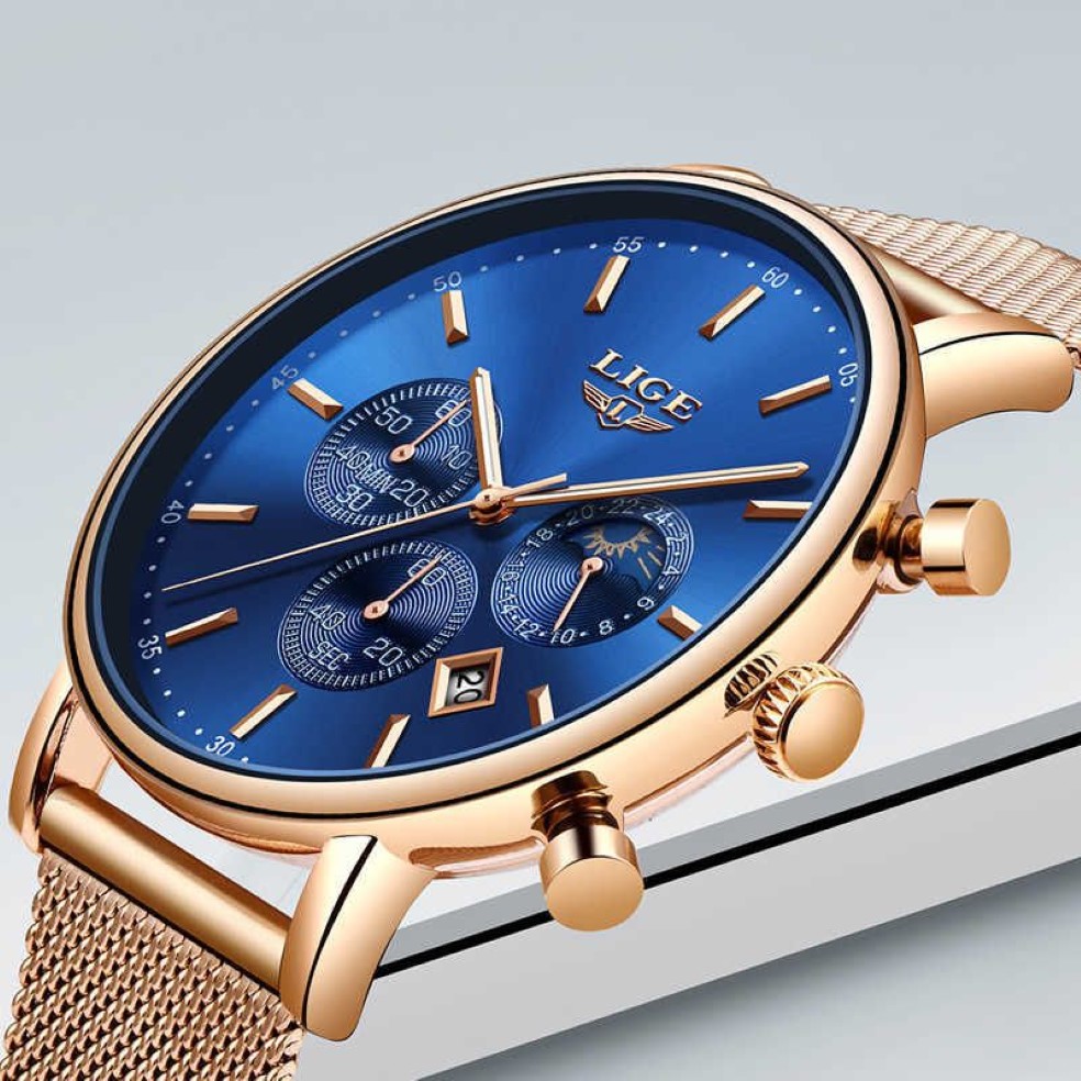 LIGE Mens Watches Top Brand Luxury Quartz Wristwatch Mem Grid strap All Steel Waterproof Sport Chronograph Box Relogio Masculino 2254K