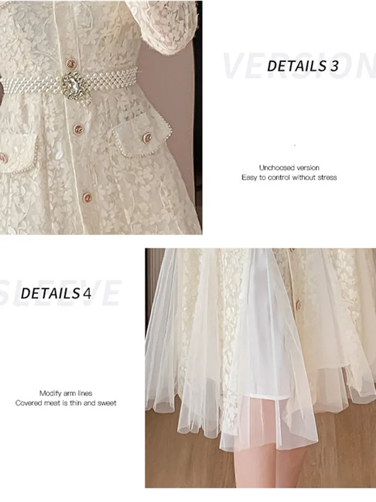 Casual high-end fransk bana klänning 2024 Ny vår elegant kändis ljus mode spetsar ihåliga långa klänningar vestidos