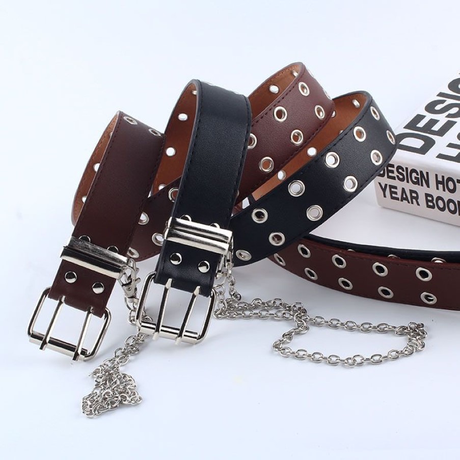 Vrouwen Punk Chain Mode Riem Verstelbare Zwarte Dubbele Enkele Oogje Grommet Lederen Gesp Belt255z