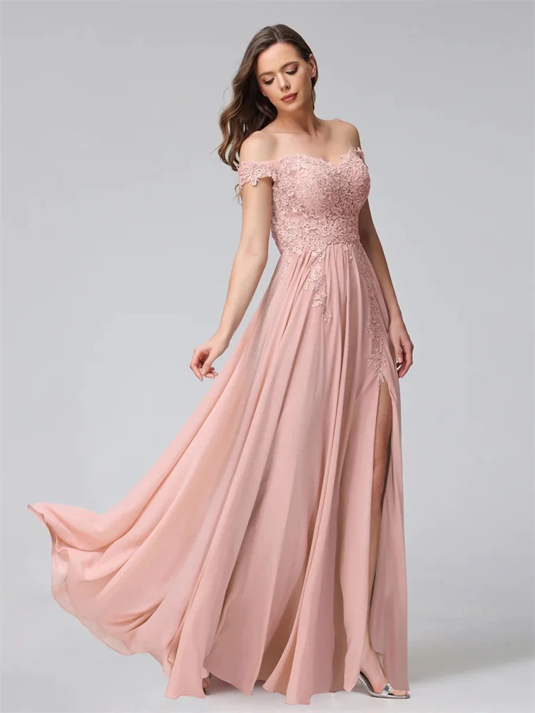 Light Pink Chiffon A Line Bridesmaid Dresses Plus Size Off Shoulder Lace Appliqued Maid Of Honor Gowns Floor Length Sexy Thigh Split Wedding Guest Party Dress CL3371