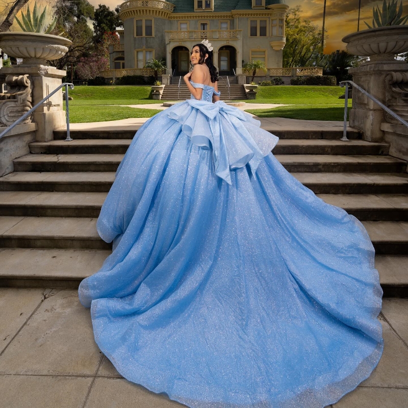 Sky Blue Ball Gown Quinceanera Dress Long Train Ruffle Princess BeadsTulle Vestidos De 15 Anos Birthday Party Sweet 16 Dress