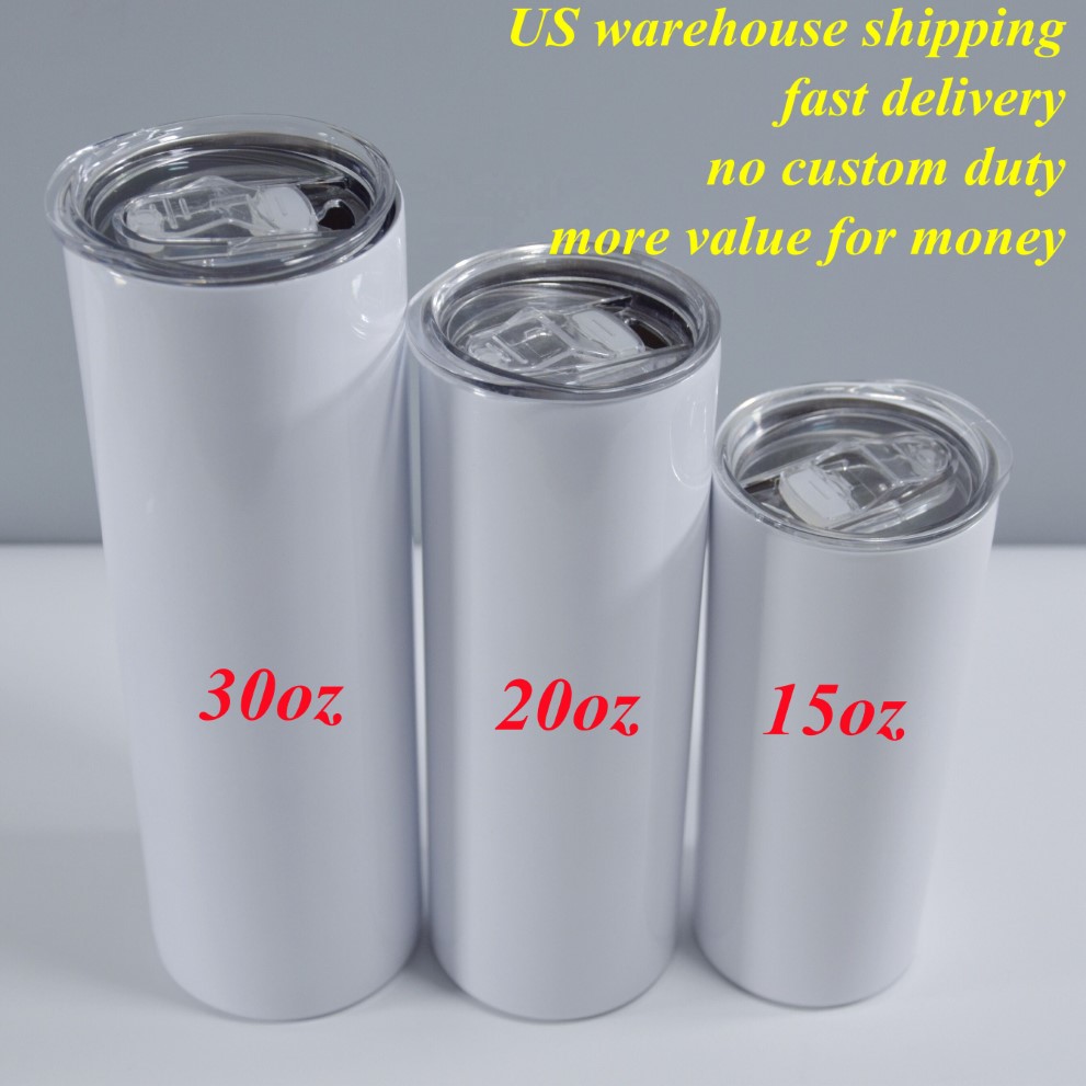 US sublimation blank skinny straight tumbler 15oz 20oz 30oz with metal straw rubber bottom shrink warps sublimation heat210J