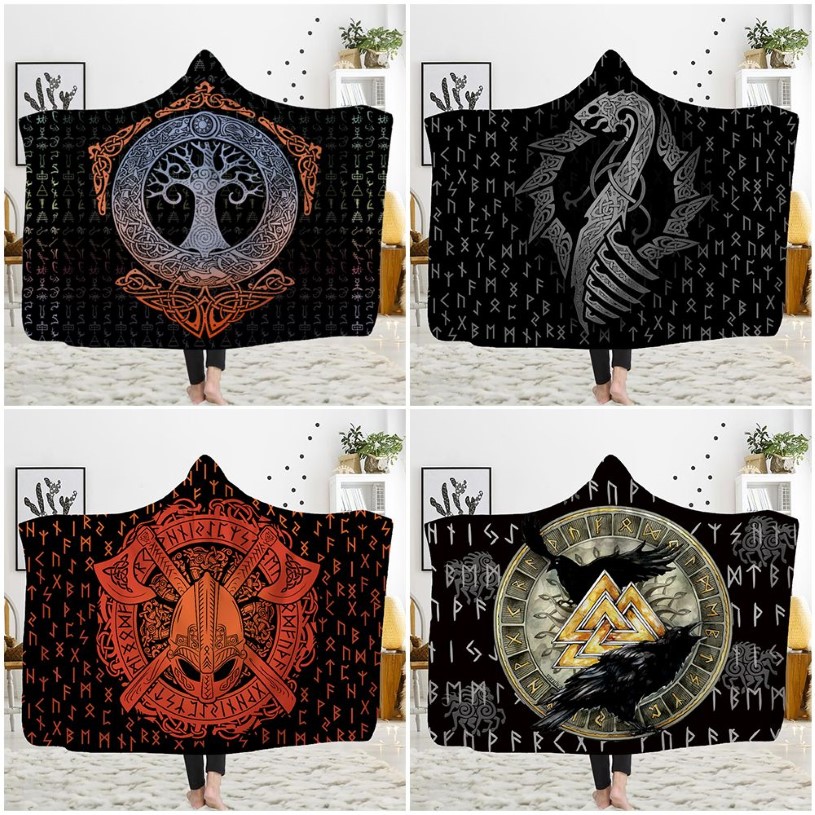 Customized 3D printed hooded blanket can be worn on flannel lamb cashmere cloak Viking totem theme Custom DIY Thin Quilt Sofa blan2631