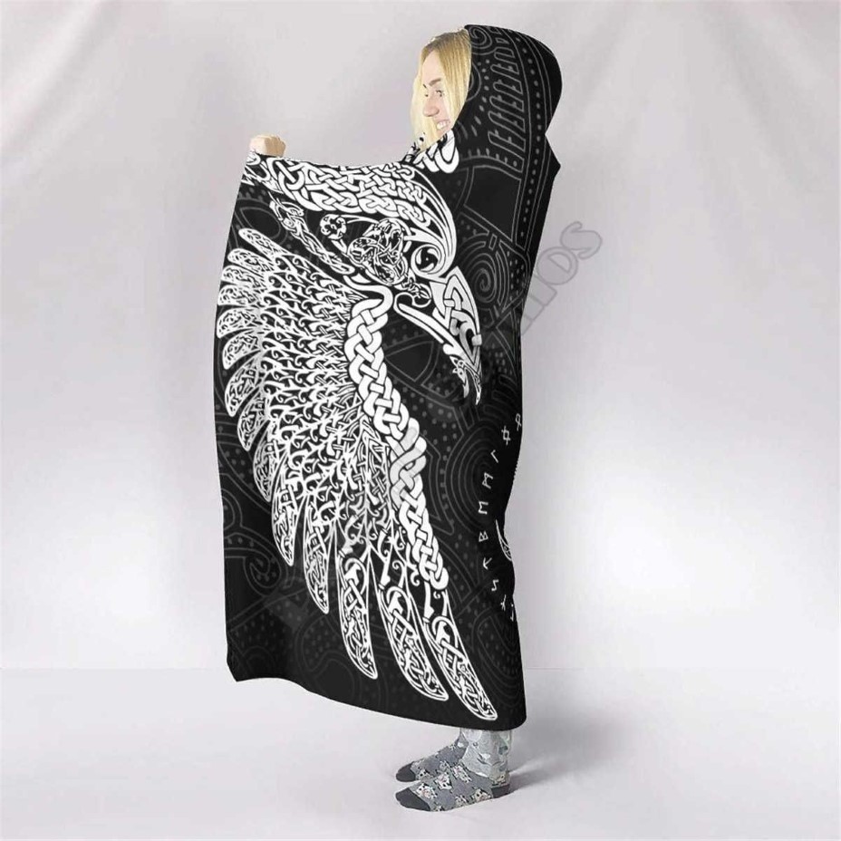 Twin Ravens in Norse Mythology Viking 3d printed Hooded Blanket Adult child Sherpa Fleece Wearable Blanket Microfiber Bedding 2110236F