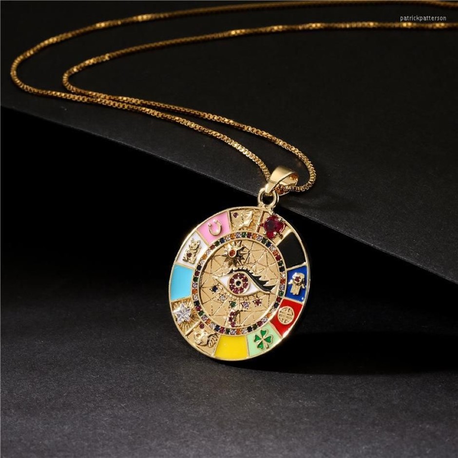 Colares de pingente Boho Drip Oil Zircon Eye Colar Hamsa Mão de Fátima Caixa Ouro Quatro Folhas Clover Coin Choker304i