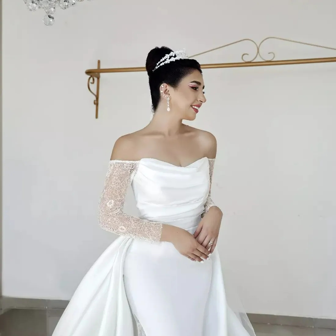 Splendido abito da sposa a sirena Abiti da sposa con strascico staccabile con spalle scoperte Maniche lunghe Abito da sposa in pizzo Illusion la sposa Taglie forti Donne nere africane YD