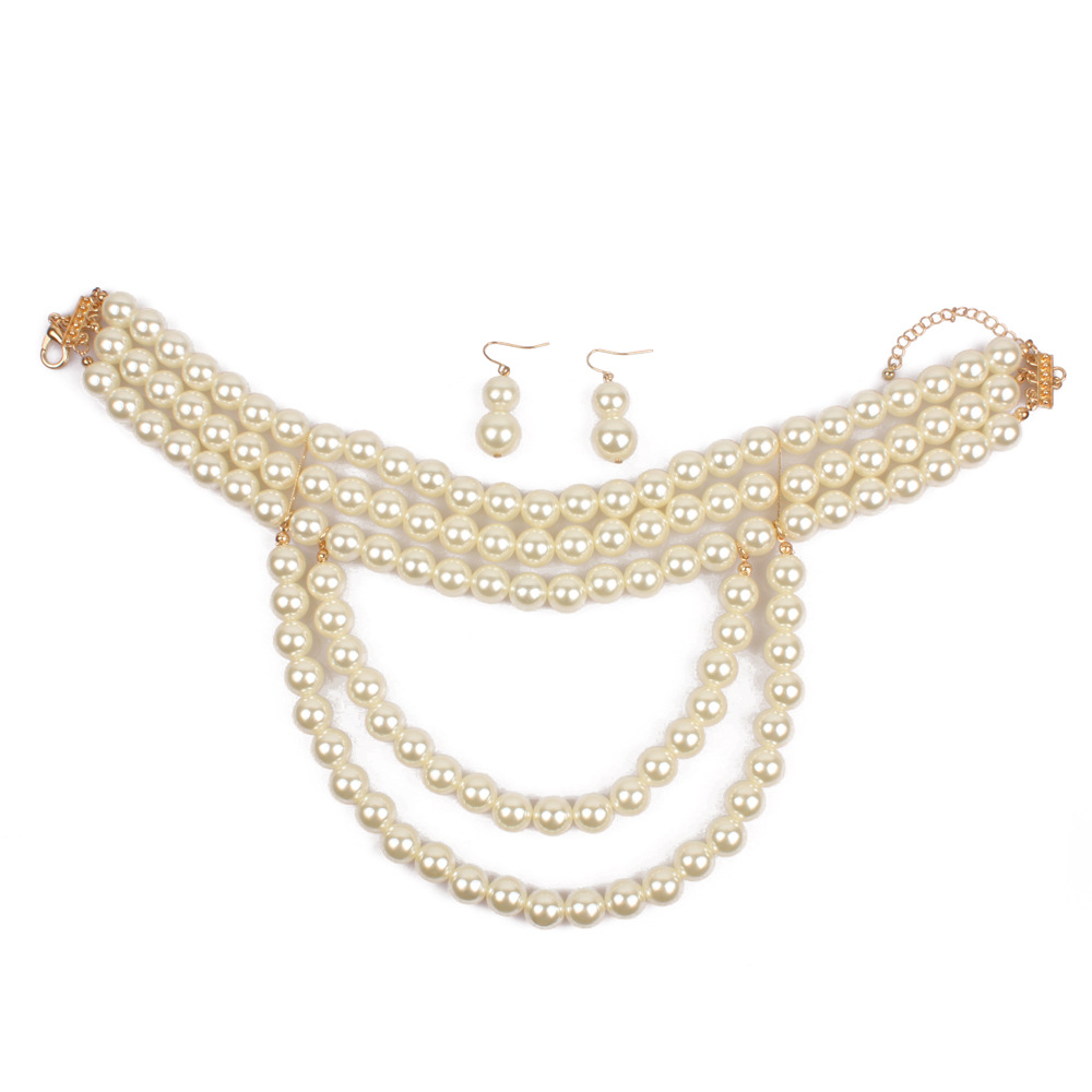 Wedding Necklace Earring Bracelet Statement Collar African Pearl Beads Necklace Set 2457